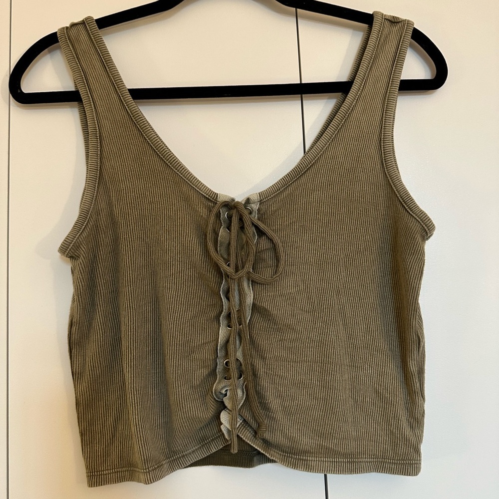 Distressed lace up army green top